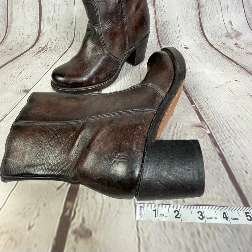 FRYE Sabrina brown leather block heel round toe campus mid boots, size 6.5 - Picture 15 of 15